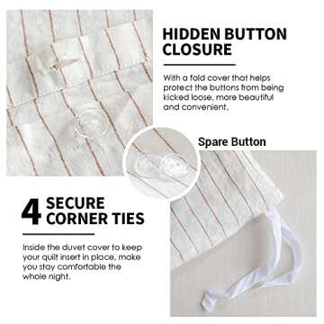 Simple&Opulence 100% Linen Duvet Cover Set 3pcs Yarn Dyed Vertical Pinstripe Ticking Pattern Natural...