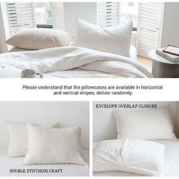 Simple&Opulence 100% Linen Duvet Cover Set 3pcs Yarn Dyed Vertical Pinstripe Ticking Pattern Natural French Washed Flax Breathable Farmhouse Bedding - Cinnamon Stripe, Queen Size