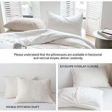 Simple&Opulence 100% Linen Duvet Cover Set 3pcs Yarn Dyed Vertical Pinstripe Ticking Pattern Natural French Washed Flax Breathable Farmhouse Bedding - Cinnamon Stripe, Queen Size