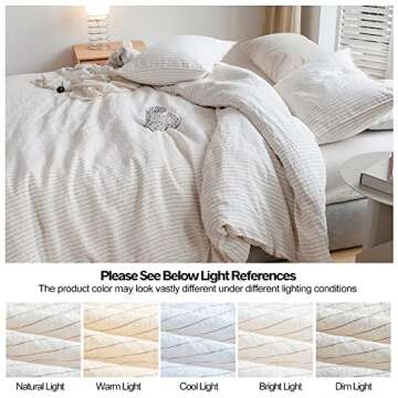 Simple&Opulence 100% Linen Duvet Cover Set 3pcs Yarn Dyed Vertical Pinstripe Ticking Pattern Natural French Washed Flax Breathable Farmhouse Bedding - Cinnamon Stripe, Queen Size