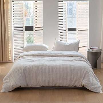 Simple&Opulence 100% Linen Duvet Cover Set 3pcs Yarn Dyed Vertical Pinstripe Ticking Pattern Natural French Washed Flax Breathable Farmhouse Bedding - Cinnamon Stripe, Queen Size