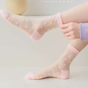 Cityelf 5 Pack Women Sheer Socks Summer Ruffle Thin Cool Socks See Through Silky Lace Ankle Cute Socks Stocking