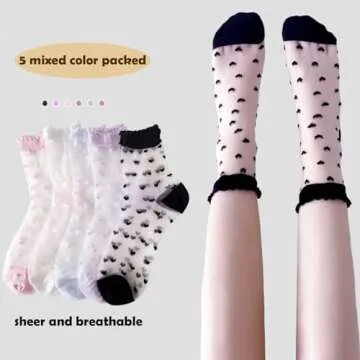 Cityelf 5 Pack Women Sheer Socks Summer Ruffle Thin Cool Socks See Through Silky Lace Ankle Cute Socks Stocking