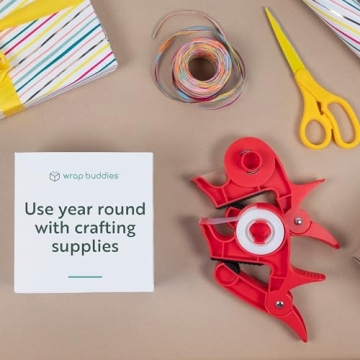 Wrap Buddies Wrapping Paper Clamps - 2 Gift Wrapping Paper Holder Clamps with Integrated Tape Dispensers, Simple Gift Wrap Table Clamps, Wrapping Paper Holder Clips and Tape Dispensers (Cherry Red)