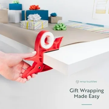 Wrap Buddies Wrapping Paper Clamps - 2 Gift Wrapping Paper Holder Clamps with Integrated Tape Dispensers, Simple Gift Wrap Table Clamps, Wrapping Paper Holder Clips and Tape Dispensers (Cherry Red)