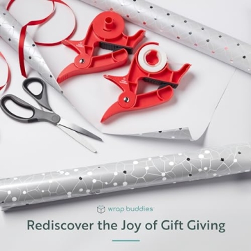 Wrap Buddies Wrapping Paper Clamps - 2 Gift Wrapping Paper Holder Clamps with Integrated Tape Dispensers, Simple Gift Wrap Table Clamps, Wrapping Paper Holder Clips and Tape Dispensers (Cherry Red)
