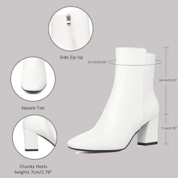 Caradise Women's Chunky Heeled Zip Up Square Toe Ankle Boots in White