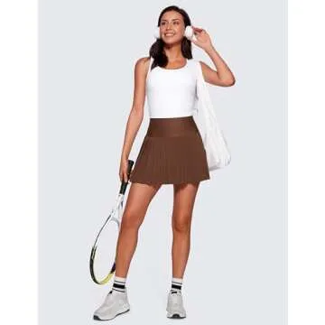 CRZ YOGA Women's High Waisted Pleated Tennis Skirts with Pockets Tummy Control Casual Liner A Line Workout Golf Skorts Coffee Brown Large