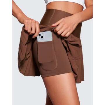 CRZ YOGA Women's High Waisted Pleated Tennis Skirts with Pockets Tummy Control Casual Liner A Line Workout Golf Skorts Coffee Brown Large