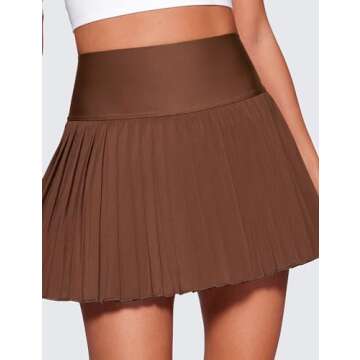 CRZ YOGA Women's High Waisted Pleated Tennis Skirts with Pockets Tummy Control Casual Liner A Line Workout Golf Skorts Coffee Brown Large