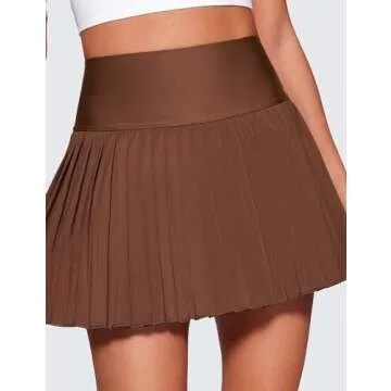 CRZ YOGA Women's High Waisted Pleated Tennis Skirts with Pockets Tummy Control Casual Liner A Line Workout Golf Skorts Coffee Brown Large