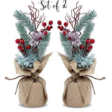 Tabletop Christmas Floral Decorations - Set of 2 - Pine Trees with Red Berries and Burlap - 11-Inch ...