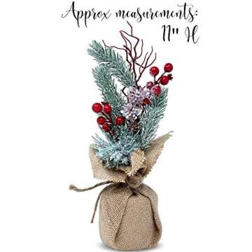 Tabletop Christmas Floral Decorations - Set of 2 - Pine Trees with Red Berries and Burlap - 11-Inch - Flocked Xmas Tree Decor