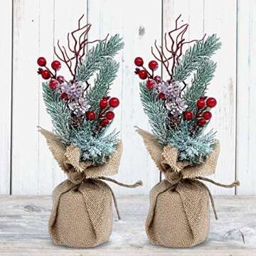 Tabletop Christmas Floral Decorations - Set of 2 - Pine Trees with Red Berries and Burlap - 11-Inch - Flocked Xmas Tree Decor