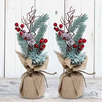 Tabletop Christmas Floral Decorations - Set of 2 - Pine Trees with Red Berries and Burlap - 11-Inch - Flocked Xmas Tree Decor