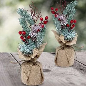 Tabletop Christmas Floral Decorations - Set of 2 - Pine Trees with Red Berries and Burlap - 11-Inch - Flocked Xmas Tree Decor