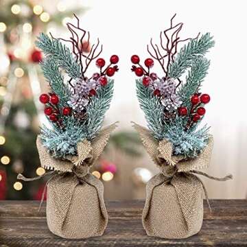 Tabletop Christmas Floral Decorations - Set of 2 - Pine Trees with Red Berries and Burlap - 11-Inch - Flocked Xmas Tree Decor