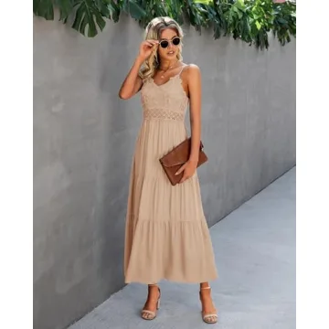 Dokuritu Women's Beach Crochet Lace Maxi Dress Solid Color Summer Vacation Spaghetti Strap Long Dress 2024