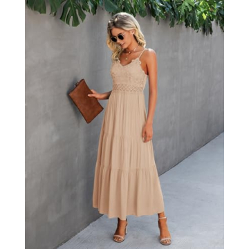 Dokuritu Women's Beach Crochet Lace Maxi Dress Solid Color Summer Vacation Spaghetti Strap Long Dress 2024