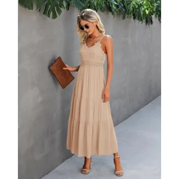 Dokuritu Women's Beach Crochet Lace Maxi Dress Solid Color Summer Vacation Spaghetti Strap Long Dress 2024