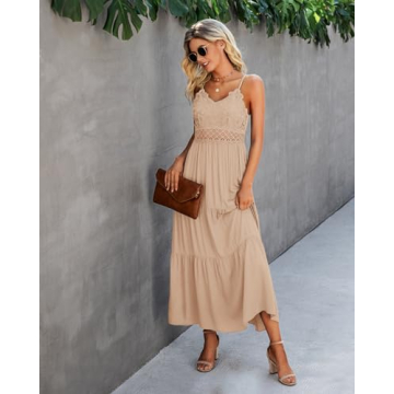 Dokuritu Women's Beach Crochet Lace Maxi Dress Solid Color Summer Vacation Spaghetti Strap Long Dress 2024