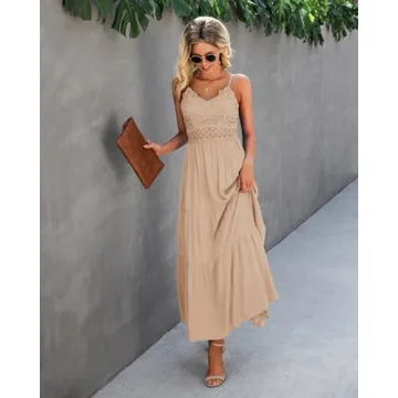 Dokuritu Women's Beach Crochet Lace Maxi Dress Solid Color Summer Vacation Spaghetti Strap Long Dress 2024