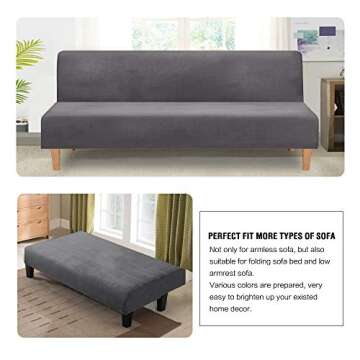 H.VERSAILTEX Real Velvet Futon Cover Armless Sofa Covers Sofa Bed Covers Stretch Futon Couch Cover Sofa Slipcover Furniture Protector Thick Soft Velvet Fabric Form Fitted Stay in Place, Grey