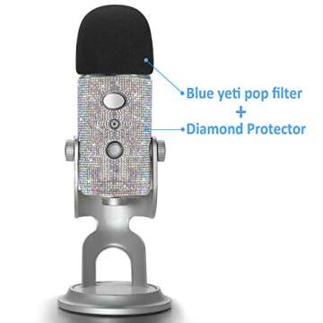 YOUSHARES Blue Yeti Pop Filter - Cute Glitter Sticker, Bling Diamond Shiny Skin with Mic Foam Winscreen Compatible with Blue Yeti Microphones (Silver)