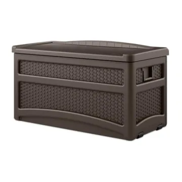 Suncast Durable 73 Gallon Outdoor Plastic Storage Chest with Handles, Wheels, and Seat for Patio, Ga...