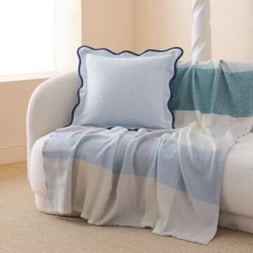 Double Stitch Scalloped Throw Pillow Covers - 100% Cotton Decorative Boho Pillow Covers 20 x 20, Made in India, Square Cushion Case, Modern Home Decor for Couch Sofa Living Room, Arctic Blue