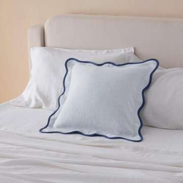 Double Stitch Scalloped Throw Pillow Covers - 100% Cotton Decorative Boho Pillow Covers 20 x 20, Made in India, Square Cushion Case, Modern Home Decor for Couch Sofa Living Room, Arctic Blue