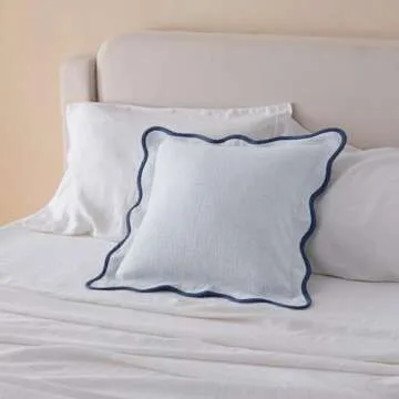 Double Stitch Scalloped Throw Pillow Covers - 100% Cotton Decorative Boho Pillow Covers 20 x 20, Made in India, Square Cushion Case, Modern Home Decor for Couch Sofa Living Room, Arctic Blue