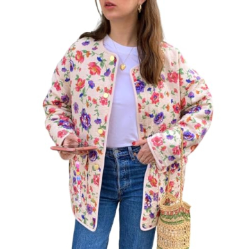 Yimoon Women's Quilted Puffer Jacket - Lightweight Floral Print Open Front Winter Coat