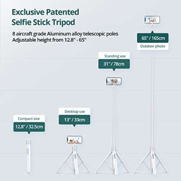 ATUMTEK 65" Selfie Stick Tripod, All in One Extendable Phone Tripod Stand with Bluetooth Remote 360° Rotation for iPhone and Android Phone Selfies, Video Recording, Vlogging, Live Streaming, White