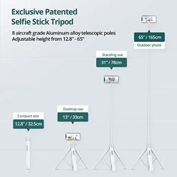 ATUMTEK 65" Selfie Stick Tripod, All in One Extendable Phone Tripod Stand with Bluetooth Remote 360° Rotation for iPhone and Android Phone Selfies, Video Recording, Vlogging, Live Streaming, White