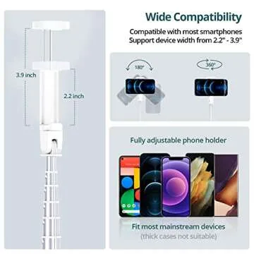 ATUMTEK 65" Selfie Stick Tripod, All in One Extendable Phone Tripod Stand with Bluetooth Remote 360° Rotation for iPhone and Android Phone Selfies, Video Recording, Vlogging, Live Streaming, White