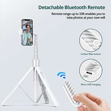 ATUMTEK 65" Selfie Stick Tripod, All in One Extendable Phone Tripod Stand with Bluetooth Remote 360° Rotation for iPhone and Android Phone Selfies, Video Recording, Vlogging, Live Streaming, White