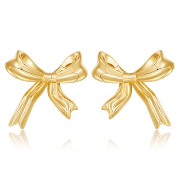 HESSAWELL Gold Bow Stud Earrings for Women - Elegant Fashion Jewelry