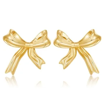 HESSAWELL Gold Bow Stud Earrings for Women - Elegant Fashion Jewelry
