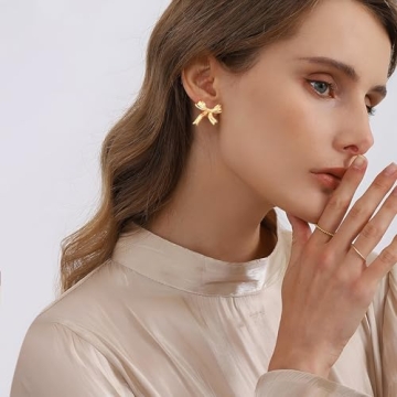 HESSAWELL Gold Bow Stud Earrings for Women Fashion Accessories