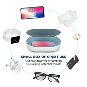 Cahot UV Light Sanitizer Box with Wireless Charging, 8 UV-C LED Lights for Phones, Toothbrushes, Nail Tools, Jewelry, and More (Blue)