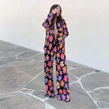 ABYOVRT Pleated 2 Piece Outfits for Women Long Sleeve Oversized Button Down Shirt Wide Leg Pants Sets Casual Loungewear (Colorful flower, Small)