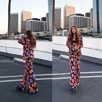 ABYOVRT Pleated 2 Piece Outfits for Women Long Sleeve Oversized Button Down Shirt Wide Leg Pants Sets Casual Loungewear (Colorful flower, Small)
