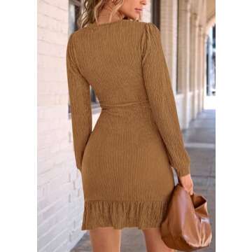 PRETTYGARDEN Women's Spring Fall Ruched Bodycon Mini Dress with Puff Sleeves and Ruffle Hem (Khaki, ...