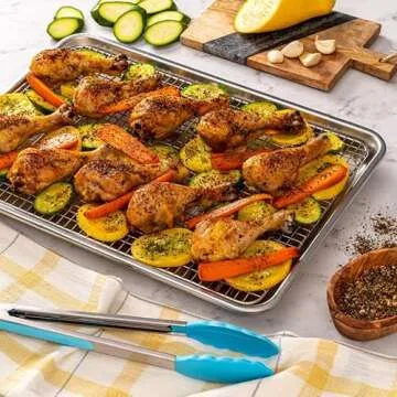 Ultra Cuisine Baking Sheet And Cooling Rack Set - Jelly Roll Baking Pan - Durable Professional Aluminum Design - Easy To Clean - No Spills - Improved Wall Height - Never Warps - Steel Reinforced Rim