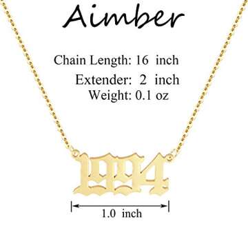Aimber Birth Year Necklace 18K Gold Plated Birth Year Number Pendant Necklace Stainless Steel Birthd...