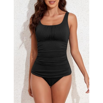 Aleumdr Women's Vintage Ribbed Tankini Swimsuit Tummy Control Push Up