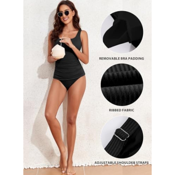 Aleumdr Women's Vintage Ribbed Tankini Swimsuit Tummy Control Push Up