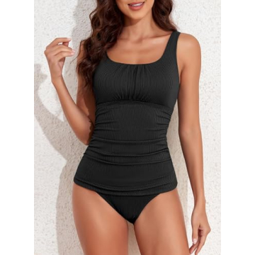 Aleumdr Women's Vintage Ribbed Tankini Swimsuit Tummy Control Push Up