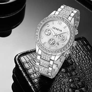 FANMIS Unisex Luxury Pave Floating Crystal Diamonds Calendar Quartz Watch with Stainless Steel Link Bracelet (C Silver)